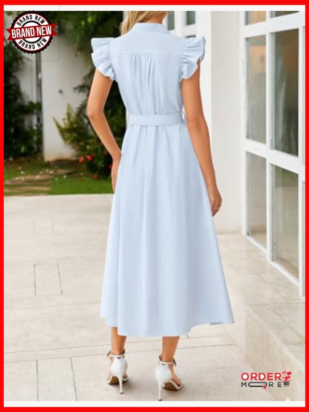 Flutter Short Sleeve Midi Dress with Pockets Belted Business Casual Work Dress - Picture 6 of 7